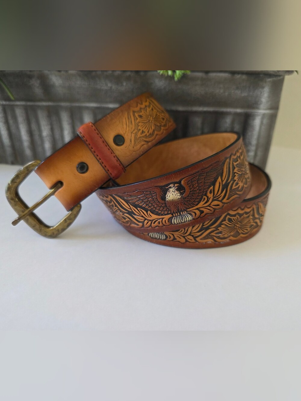 Vintage Tooled Leather American Eagle Belt USA Made Womens Size 36 Western - Picture 2 of 9